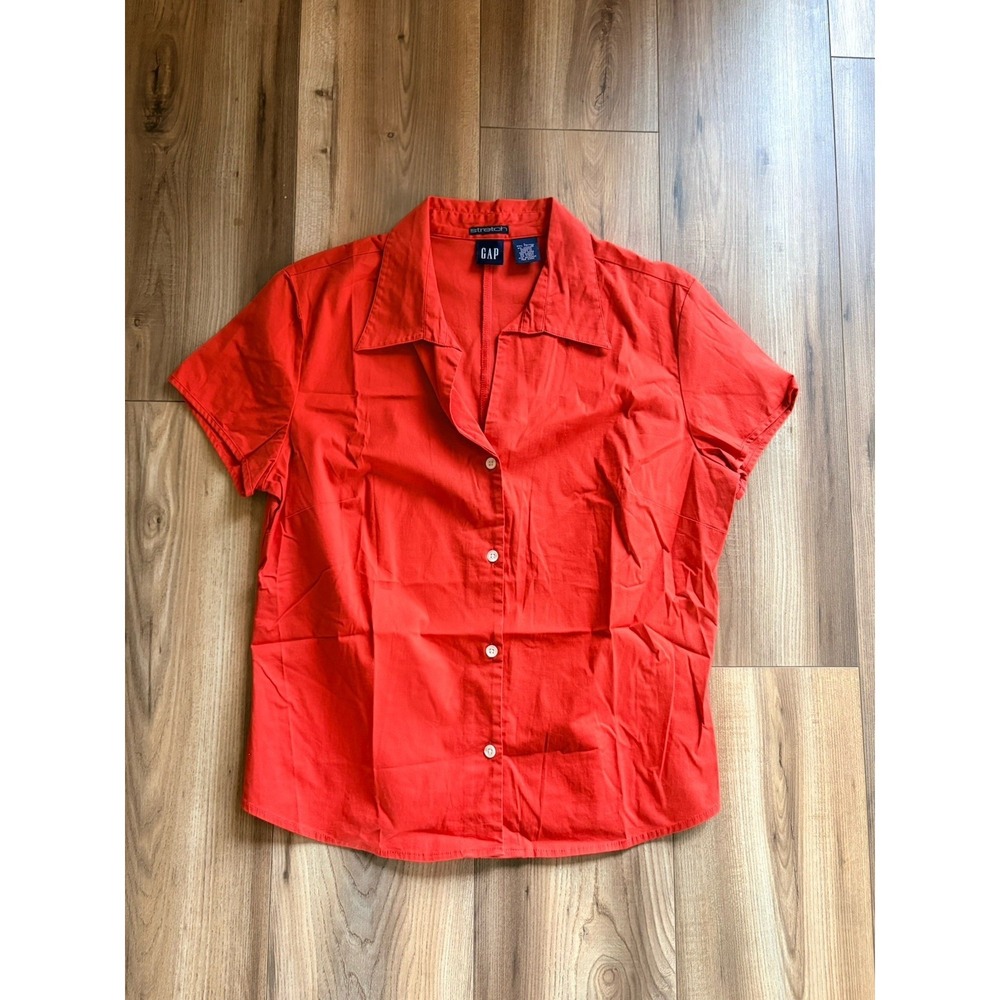 Gap Stretch Women's Button Up Shirt Large‎ Red Orange Short sleeve Casual Blouse